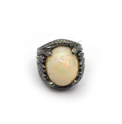 Opal Silver Pave Diamond Ring .925 Oxidized Sterling Silver Diamond Ring