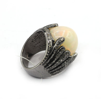 Opal Silver Pave Diamond Ring .925 Oxidized Sterling Silver Diamond Ring