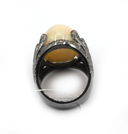Opal Silver Pave Diamond Ring .925 Oxidized Sterling Silver Diamond Ring