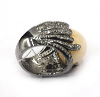 Opal Silver Pave Diamond Ring .925 Oxidized Sterling Silver Diamond Ring