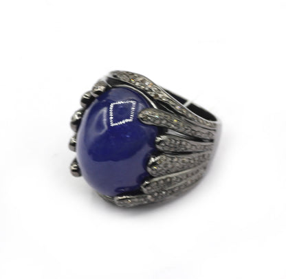 Opal Silver Pave Diamond Ring .925 Oxidized Sterling Silver Diamond Ring