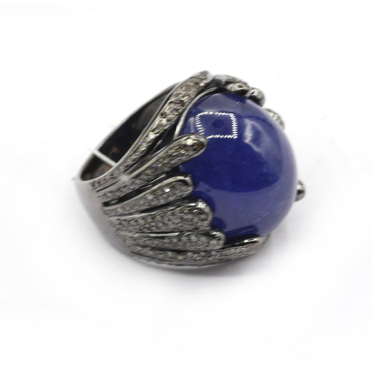 Opal Silver Pave Diamond Ring .925 Oxidized Sterling Silver Diamond Ring