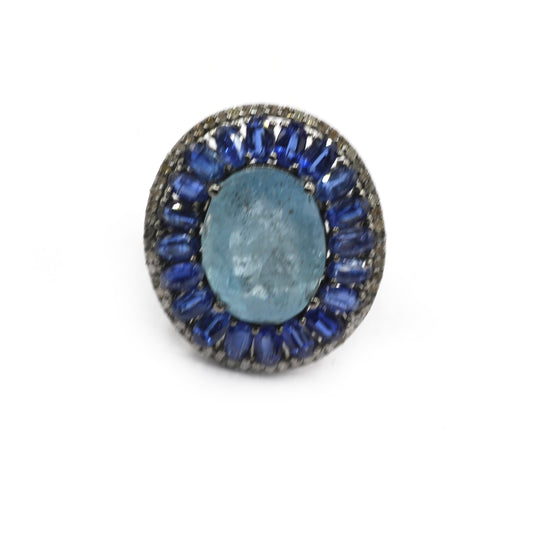 Aqua Silver Pave Diamond Ring .925 Oxidized Sterling Silver Diamond Ring
