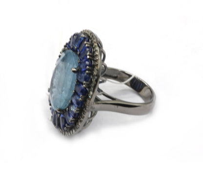 Aqua Silver Pave Diamond Ring .925 Oxidized Sterling Silver Diamond Ring