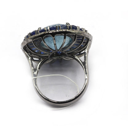 Aqua Silver Pave Diamond Ring .925 Oxidized Sterling Silver Diamond Ring