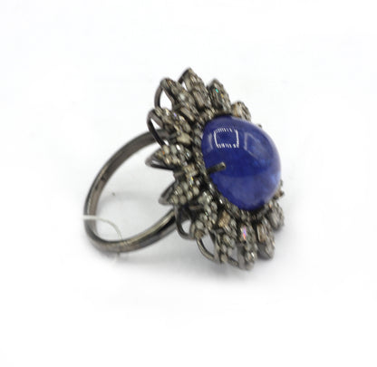 Tanzanite Silver Pave Diamond Ring .925 Oxidized Sterling Silver Diamond Ring