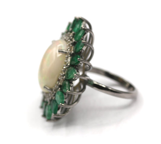 Emerald Silver Pave Diamond Ring .925 Oxidized Sterling Silver Diamond Ring