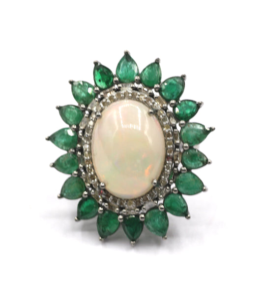 Emerald Silver Pave Diamond Ring .925 Oxidized Sterling Silver Diamond Ring