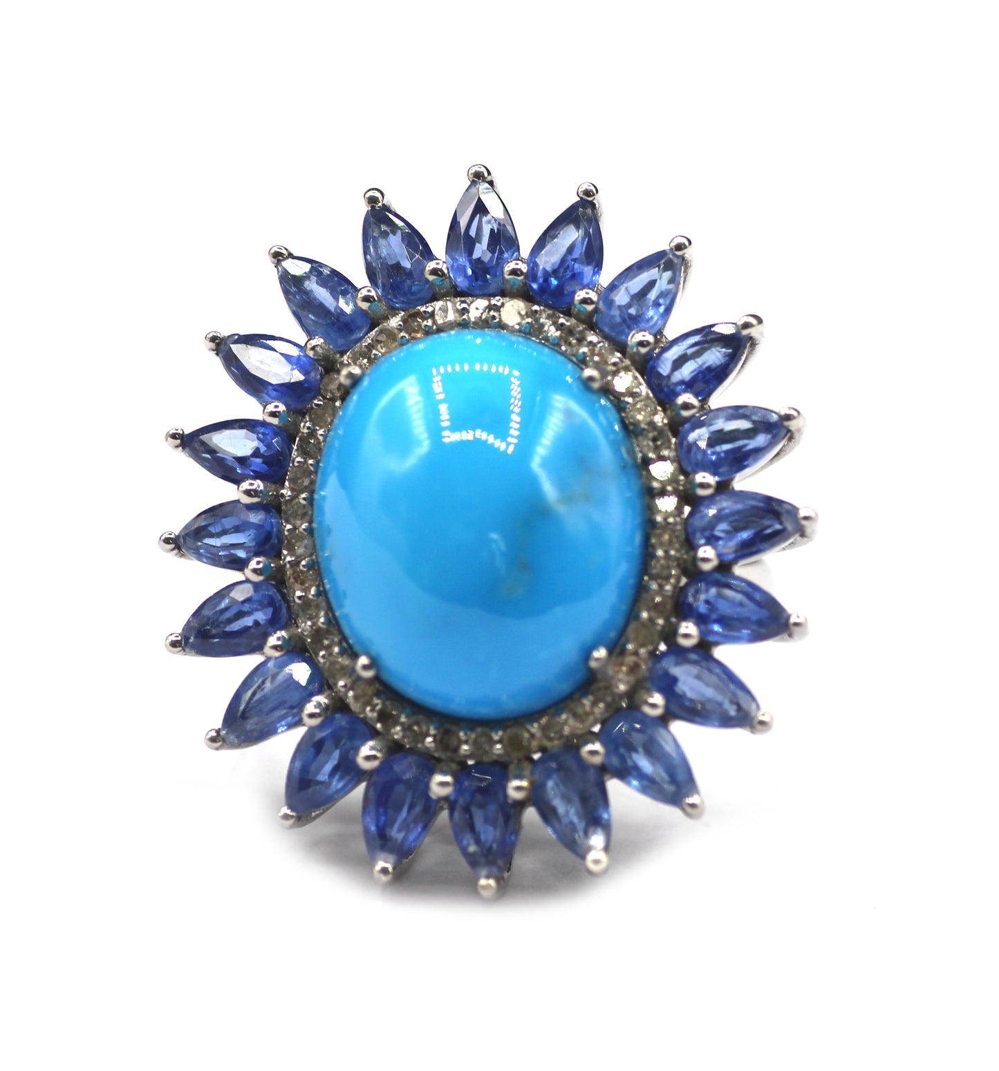 Turquoise Kyanite Silver Pave Diamond Ring .925 Oxidized Sterling Silver Diamond Ring