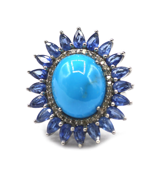 Turquoise Kyanite Silver Pave Diamond Ring .925 Oxidized Sterling Silver Diamond Ring