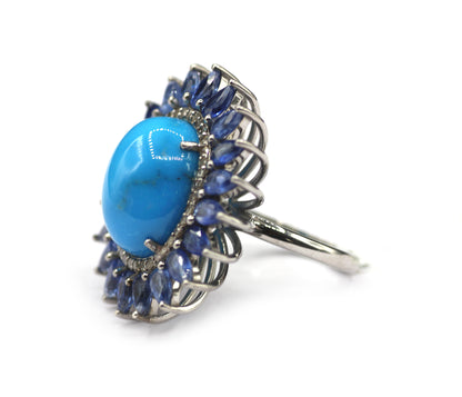 Turquoise Kyanite Silver Pave Diamond Ring .925 Oxidized Sterling Silver Diamond Ring