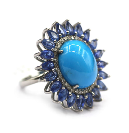 Turquoise Kyanite Silver Pave Diamond Ring .925 Oxidized Sterling Silver Diamond Ring
