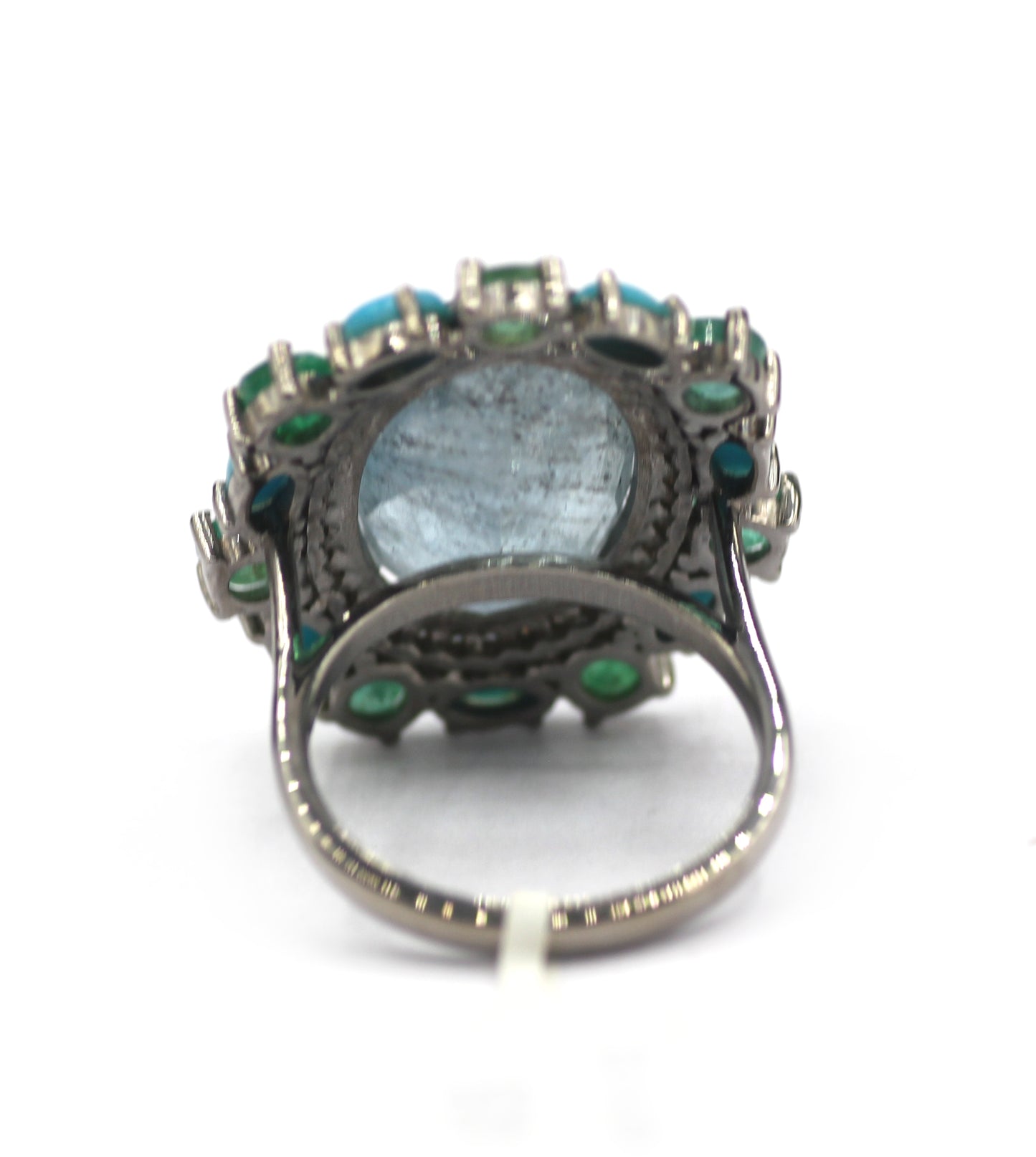Aquamarine Stone Silver Diamond Ring With Emerald Stone