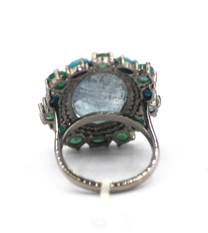 Aquamarine Stone Silver Diamond Ring With Emerald Stone