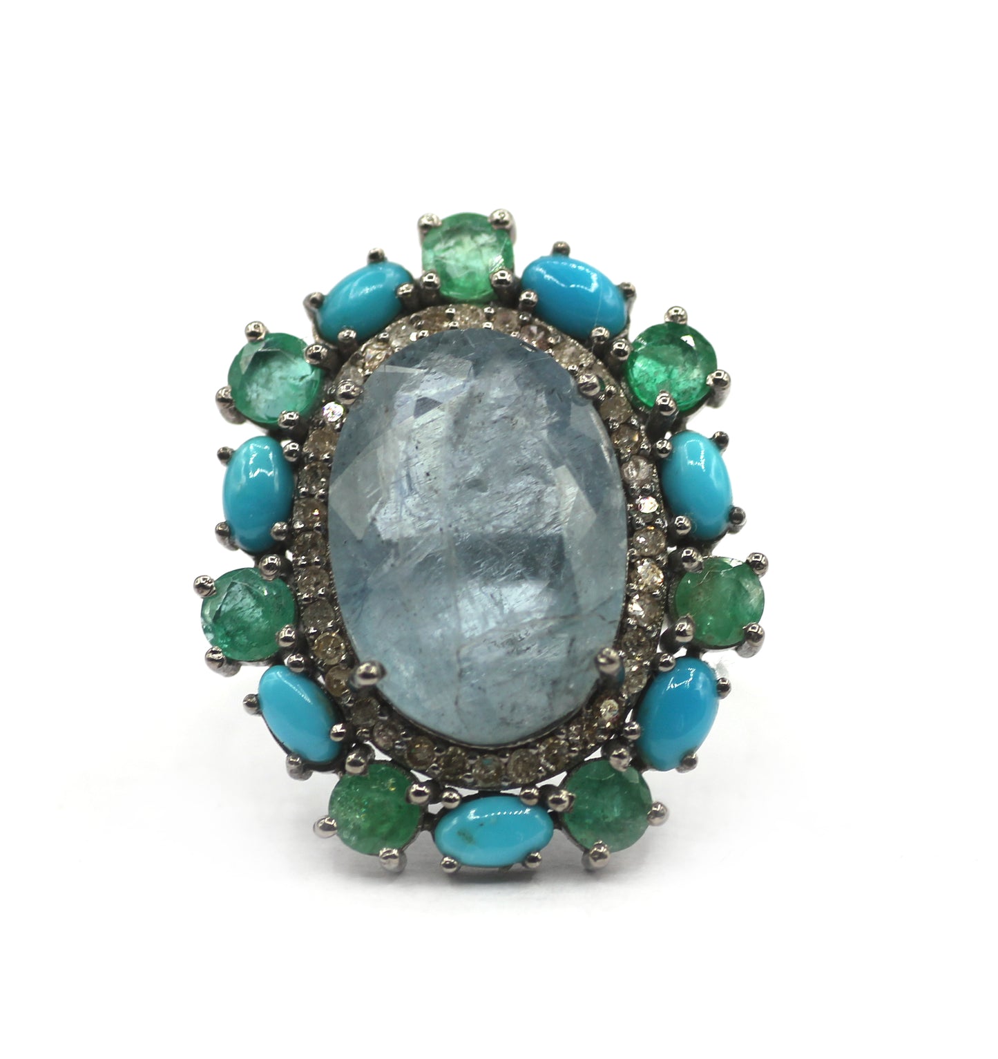 Aquamarine Stone Silver Diamond Ring With Emerald Stone