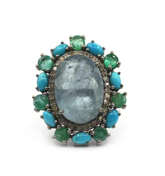 Aquamarine Stone Silver Diamond Ring With Emerald Stone