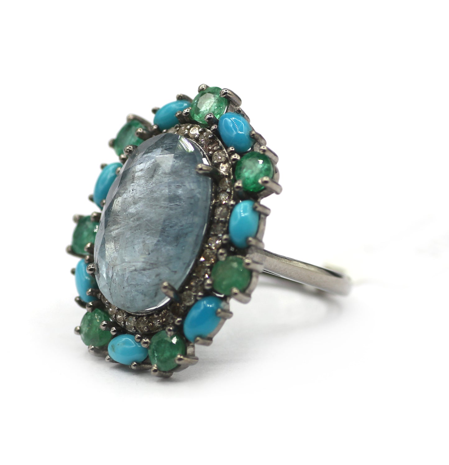 Aquamarine Stone Silver Diamond Ring With Emerald Stone