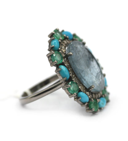 Aquamarine Stone Silver Diamond Ring With Emerald Stone