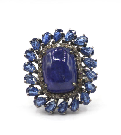Tanzanite Stone Silver Diamond Ring With Kyanite Stone