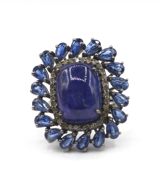 Tanzanite Stone Silver Diamond Ring With Kyanite Stone