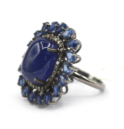 Tanzanite Stone Silver Diamond Ring With Kyanite Stone