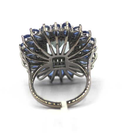 Aquamarine Stone Silver Diamond Ring With Kyanite Stone