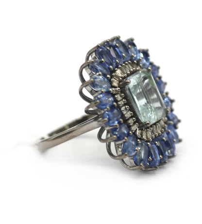 Aquamarine Stone Silver Diamond Ring With Kyanite Stone