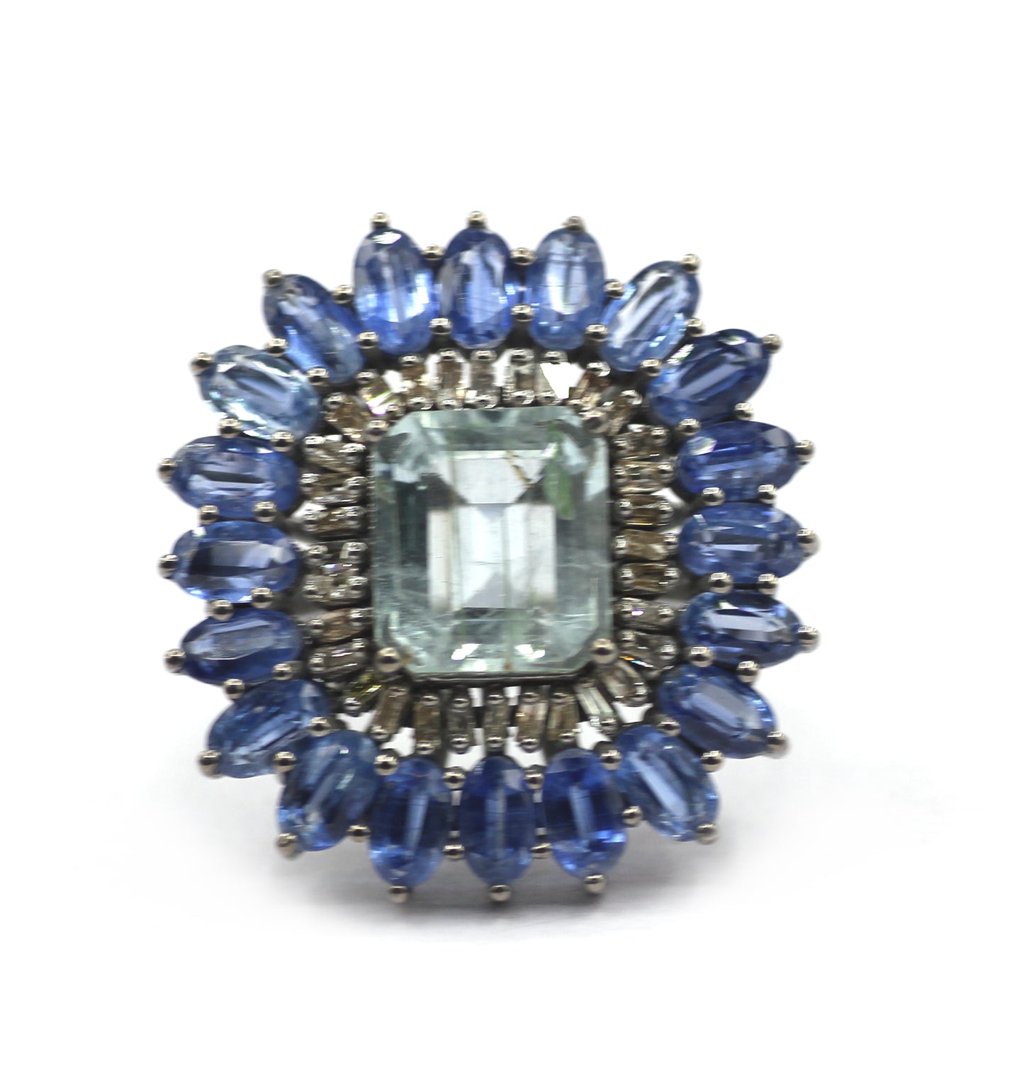 Aquamarine Stone Silver Diamond Ring With Kyanite Stone