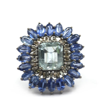 Aquamarine Stone Silver Diamond Ring With Kyanite Stone