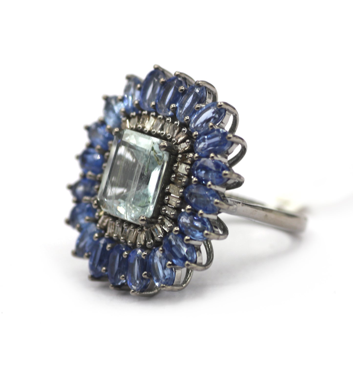 Aquamarine Stone Silver Diamond Ring With Kyanite Stone