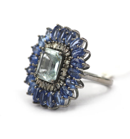 Aquamarine Stone Silver Diamond Ring With Kyanite Stone