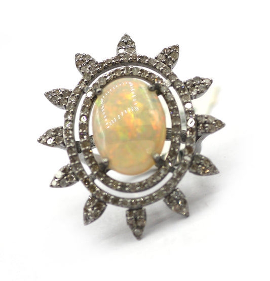 Ethiopian opal Stone Silver Diamond Ring