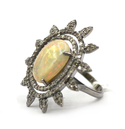 Ethiopian opal Stone Silver Diamond Ring
