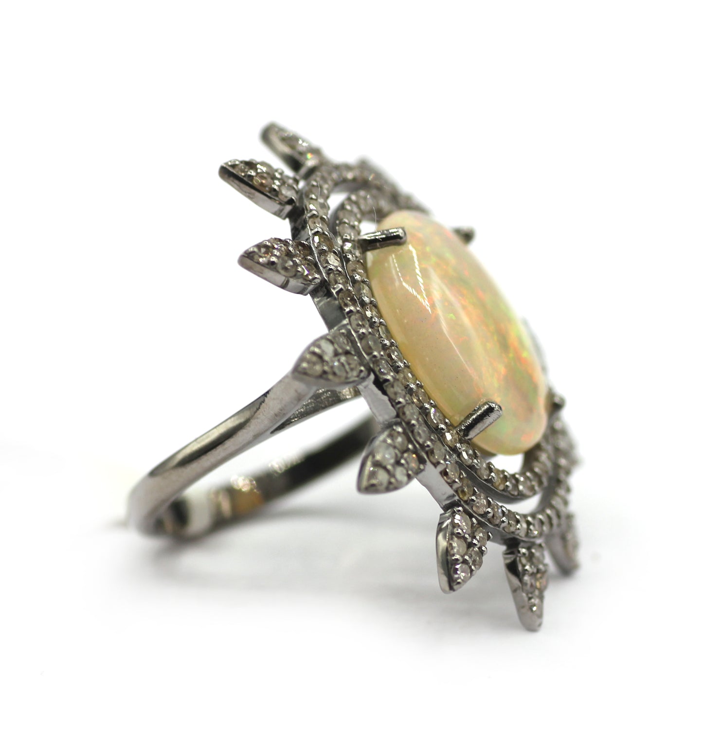 Ethiopian opal Stone Silver Diamond Ring