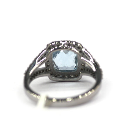 Aquamarine Stone Silver Diamond Ring