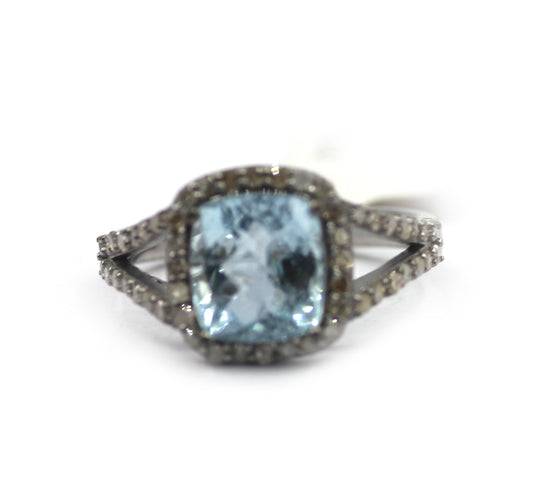 Aquamarine Stone Silver Diamond Ring