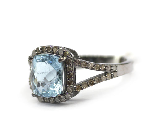Aquamarine Stone Silver Diamond Ring