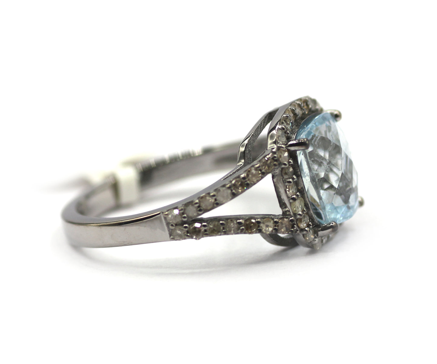 Aquamarine Stone Silver Diamond Ring