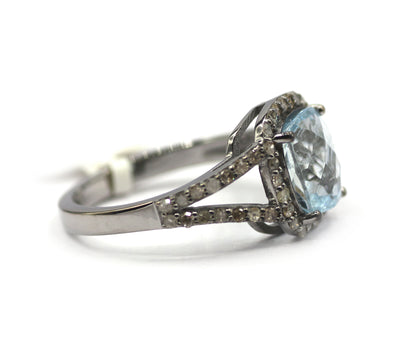 Aquamarine Stone Silver Diamond Ring