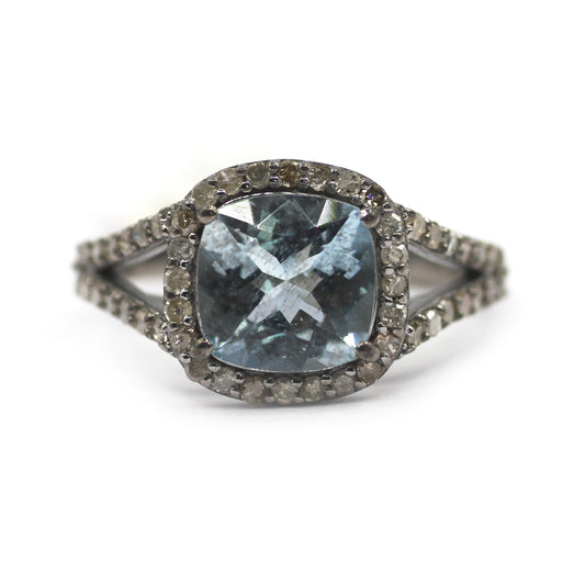 Aquamarine Stone Silver Diamond Ring