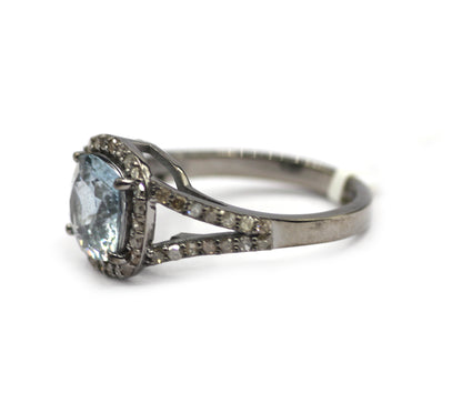 Aquamarine Stone Silver Diamond Ring
