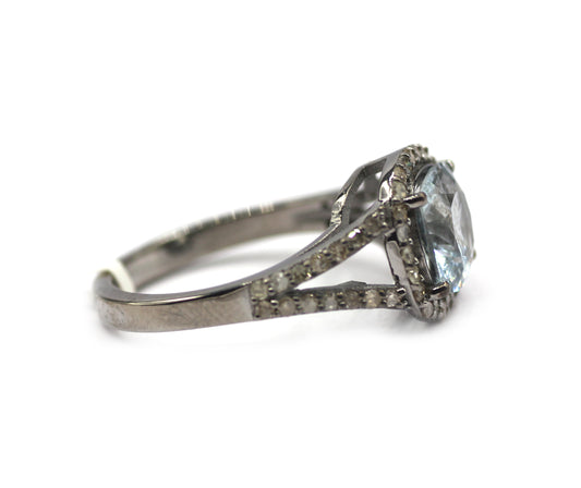 Aquamarine Stone Silver Diamond Ring