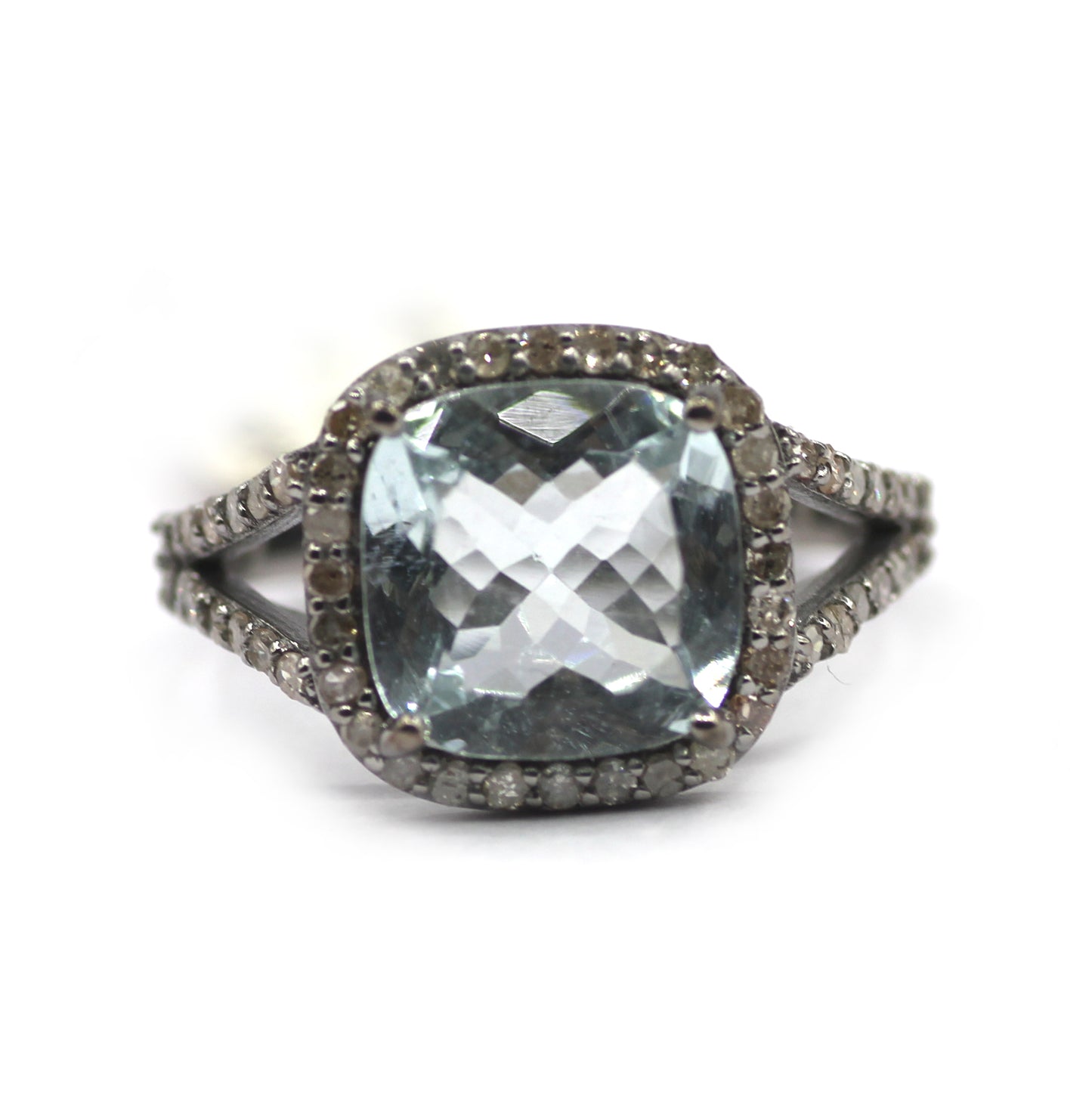 Aquamarine Stone Silver Diamond Ring