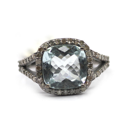 Aquamarine Stone Silver Diamond Ring