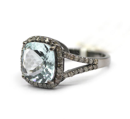 Aquamarine Stone Silver Diamond Ring