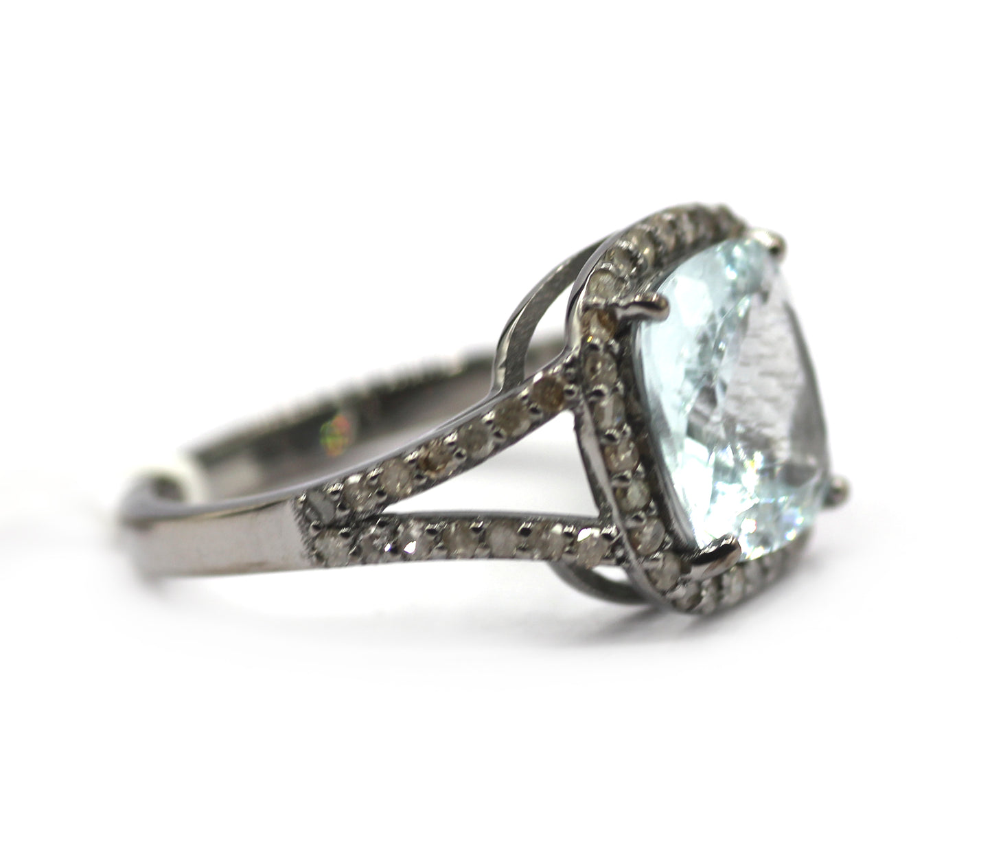 Aquamarine Stone Silver Diamond Ring