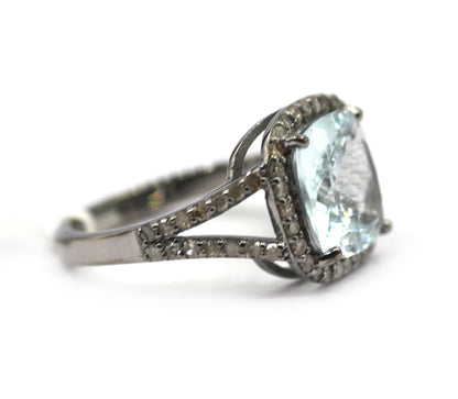 Aquamarine Stone Silver Diamond Ring