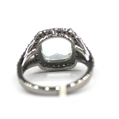Aquamarine Stone Silver Diamond Ring