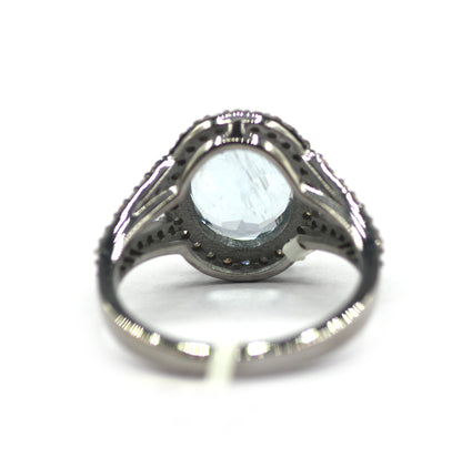 Aquamarine Stone Silver Diamond Ring