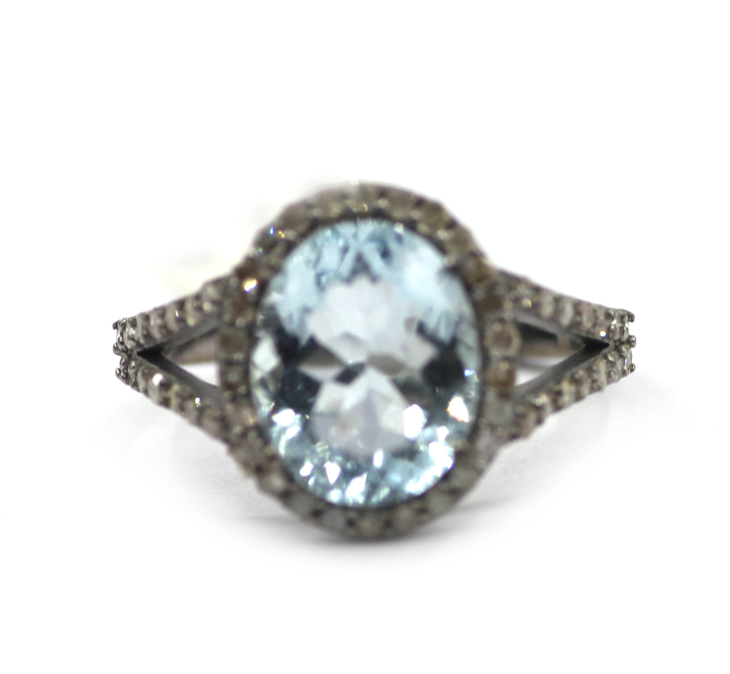 Aquamarine Stone Silver Diamond Ring